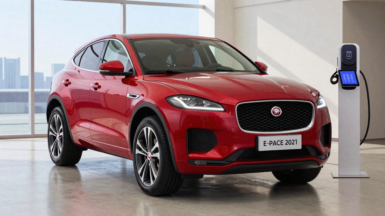 Carro elétrico vermelho Jaguar E-Pace 2021 estacionado em interior junto a posto de carregamento.