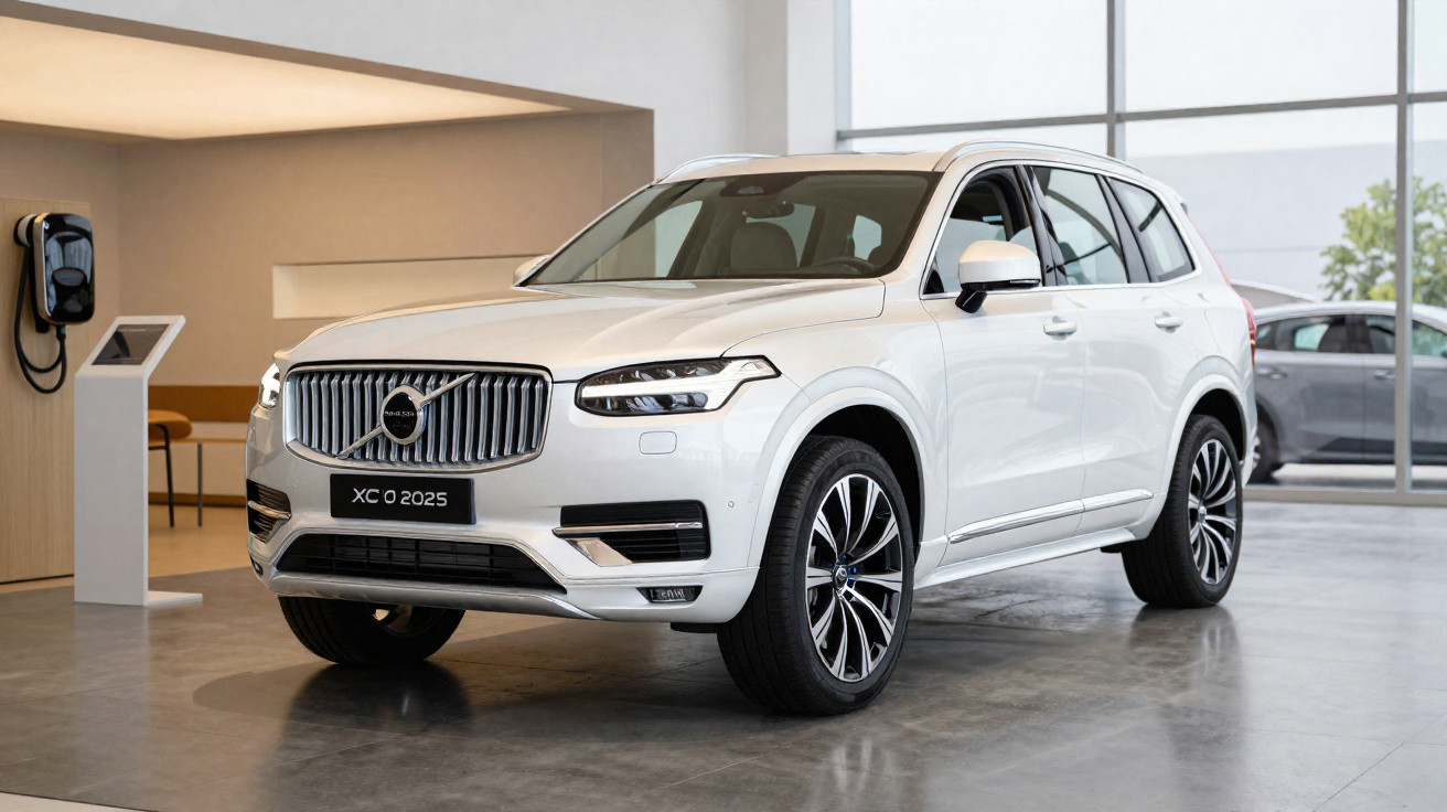 Carro SUV Volvo XC90 branco 2025 em exposição dentro de salão moderno com parede envidraçada.