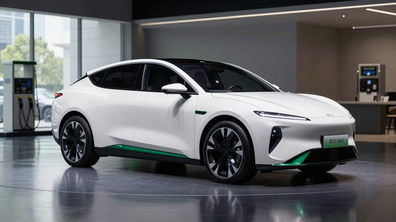 Carro elétrico branco moderno estacionado em ambiente interno com design aerodinâmico e detalhes verdes.