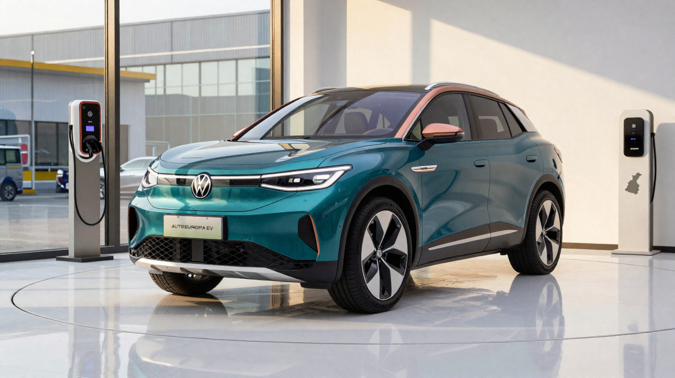 Carro elétrico Volkswagen ID.4 azul exposto numa sala moderna com pontos de carregamento visíveis.