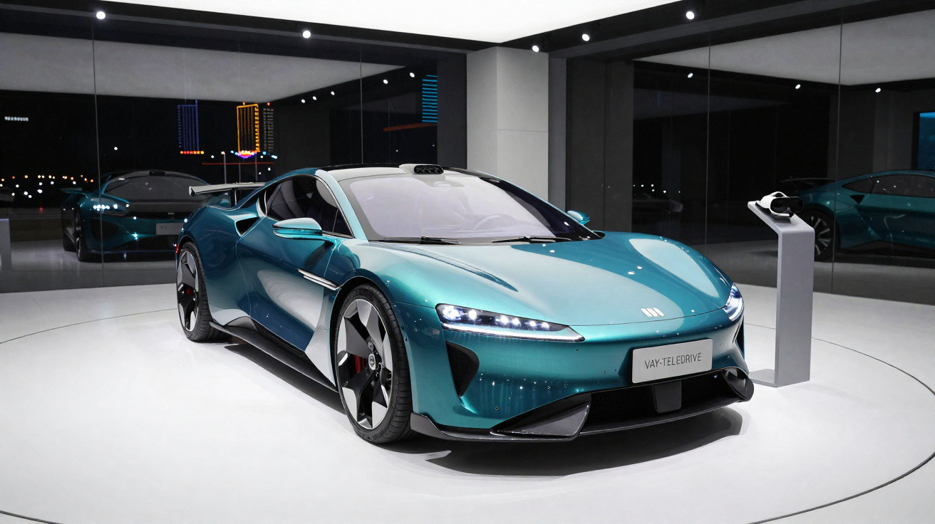 Carro desportivo elétrico azul metálico exposto em showroom moderno com espelhos nas paredes.