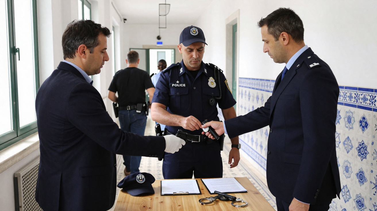 Homens em uniformes policiais vistoriando objetos sobre uma mesa num corredor com azulejos decorativos.