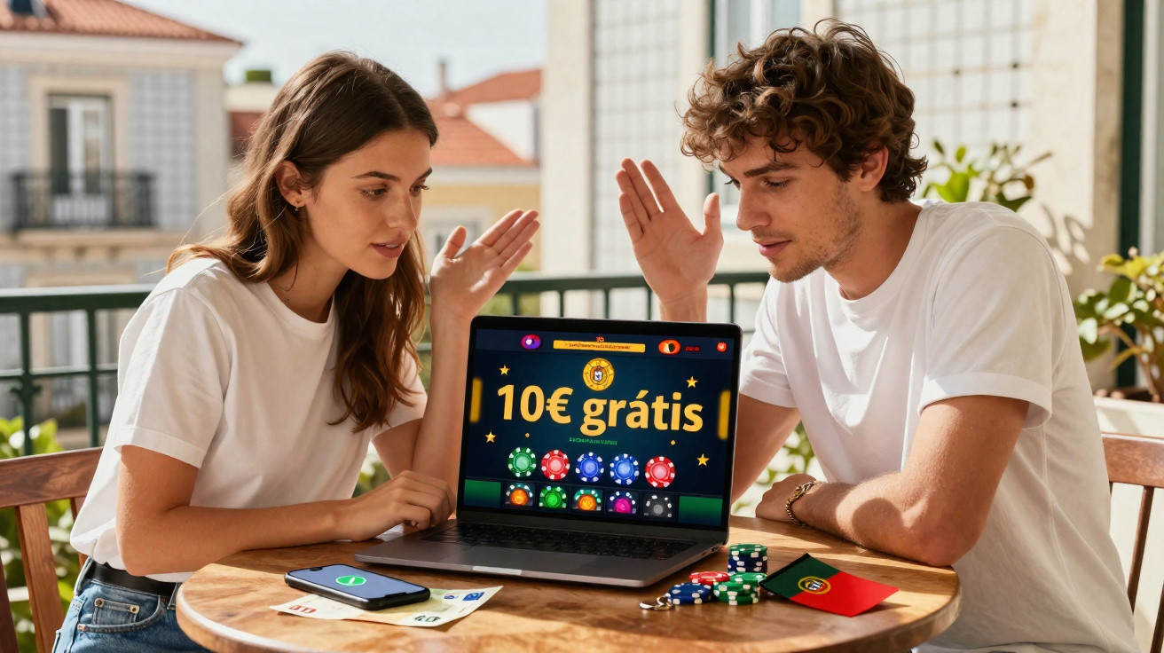 Jovem casal sentado à mesa a jogar online, ecrã com oferta de 10€ grátis e fichas de pôquer em destaque.