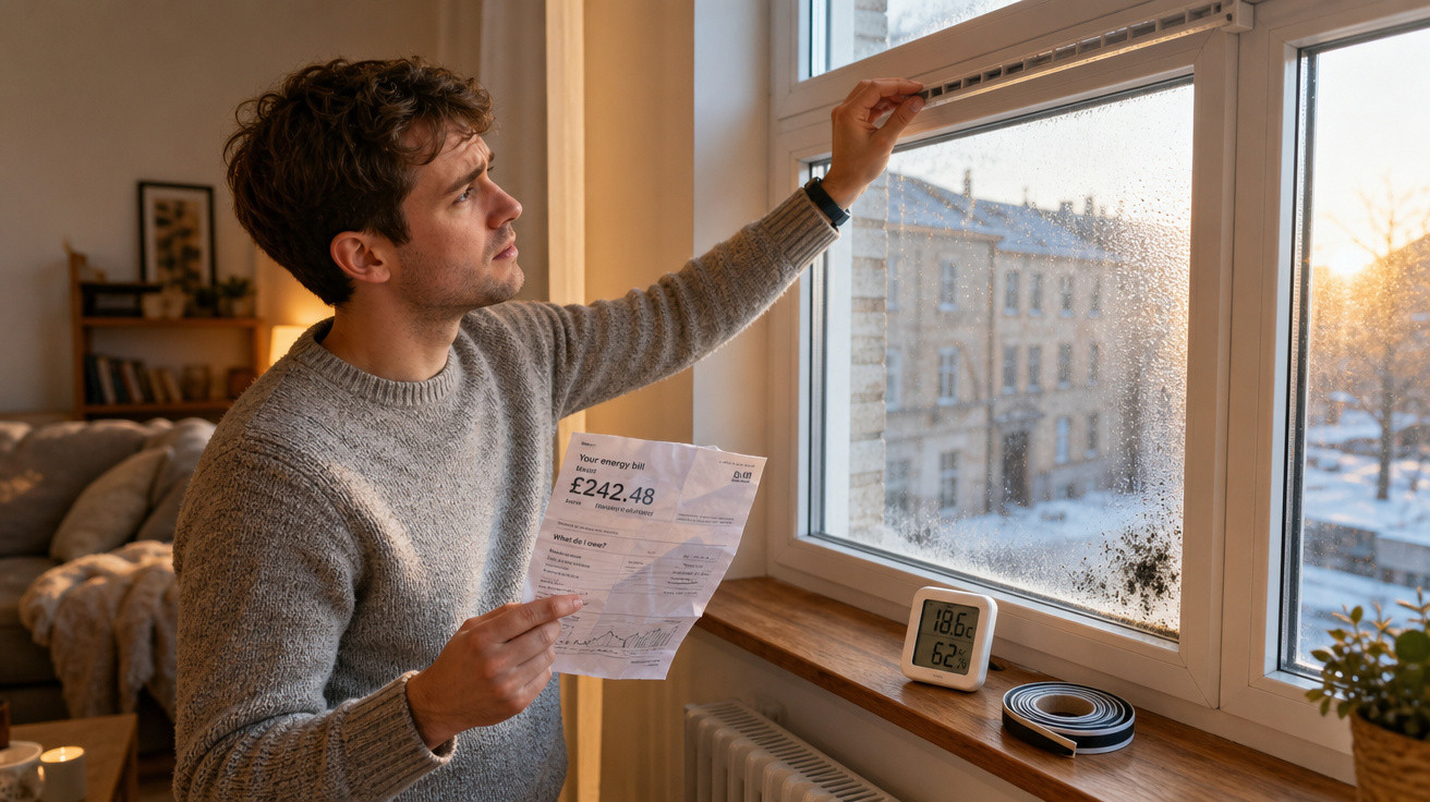 Homem preocupado vê conta alta de energia enquanto observa janela com condensação no inverno.