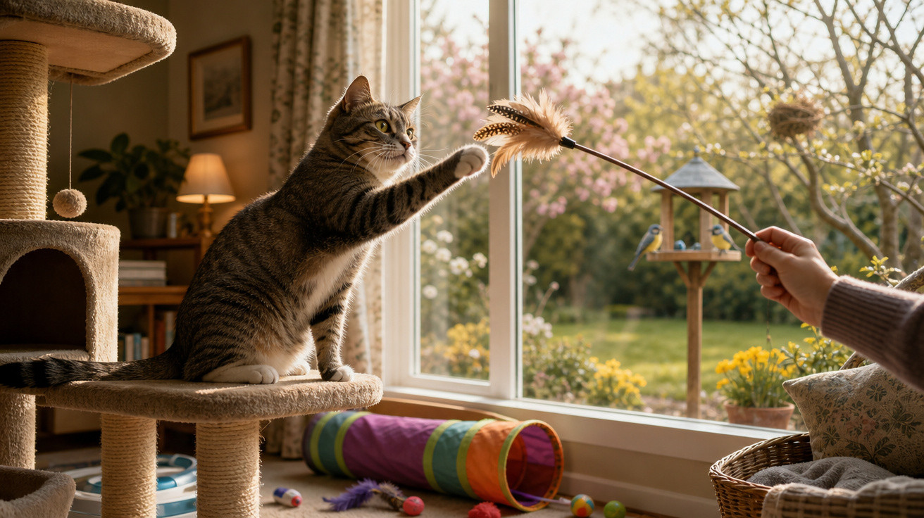 Gato cinzento sentado num arranhador a brincar com uma pluma que uma pessoa segura perto de uma janela.