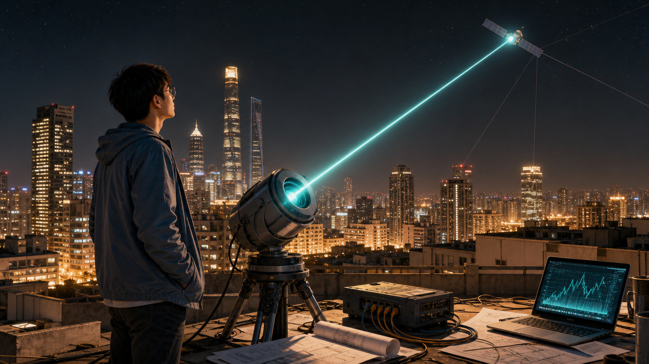 Homem observa satélite no céu noturno com laser e cidade iluminada ao fundo.