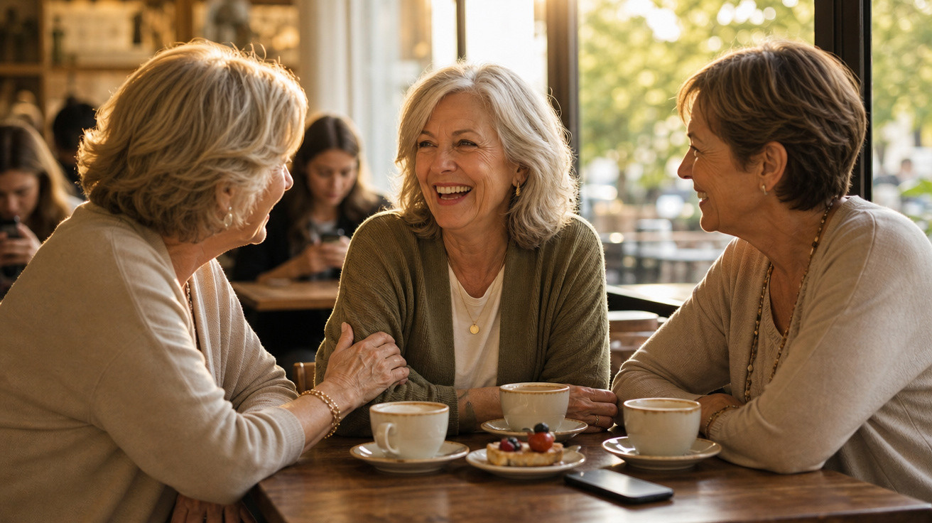 Três mulheres séniores sorridentes conversam e tomam café numa esplanada ensolarada, com sobremesas na mesa.