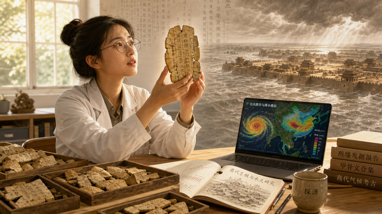Investigadora em laboratório com tabuletas antigas e mapa de tempestade num computador portátil.