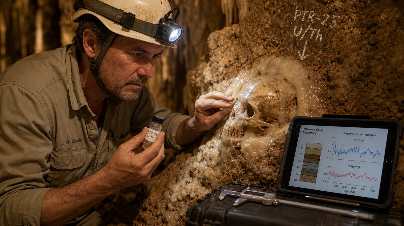 Homem com capacete e lanterna estuda crânio fossilizado em parede de caverna com tablet a mostrar dados científicos.