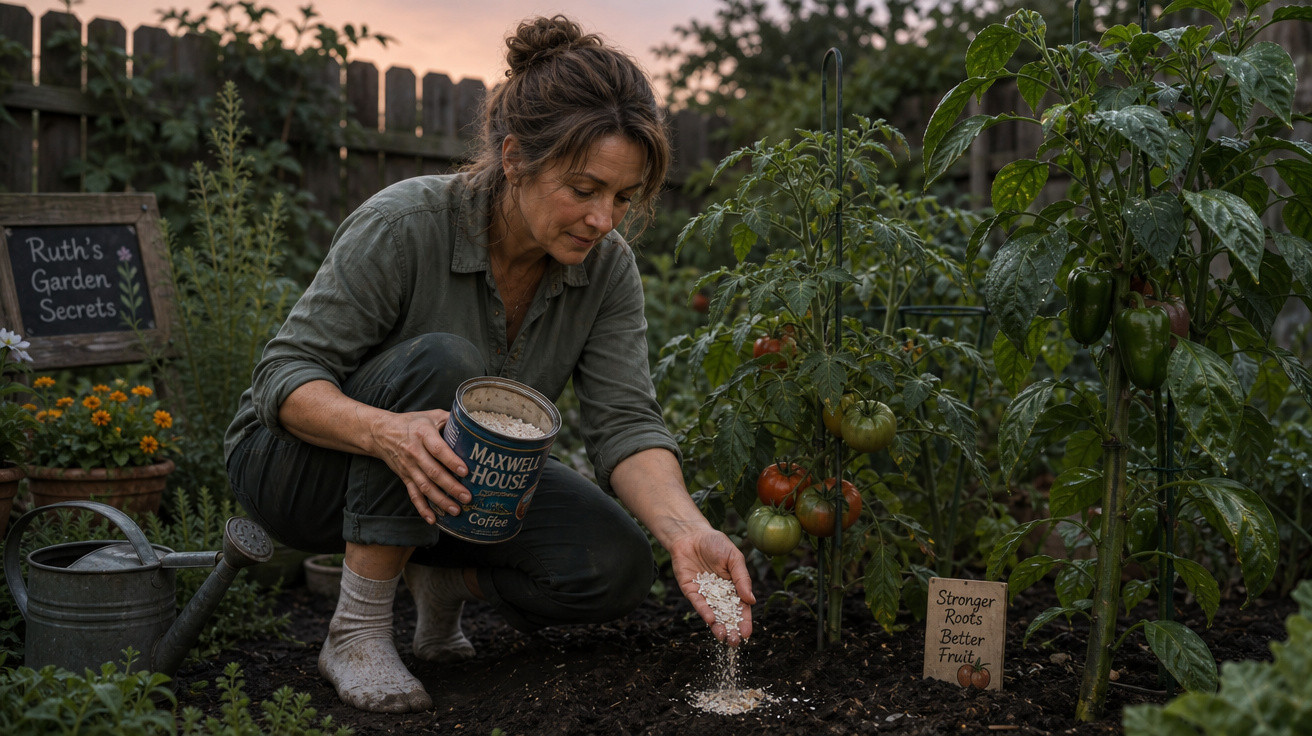 Mulher a fertilizar o solo do seu jardim caseiro ao entardecer, rodeada de plantas e tomateiros.