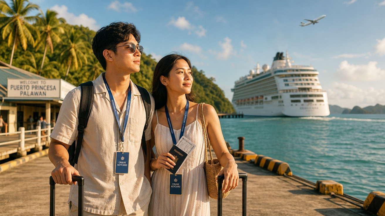 Casal jovem com malas no cais de Puerto Princesa Palawan, cruzeiro e avião ao fundo ao pôr do sol.
