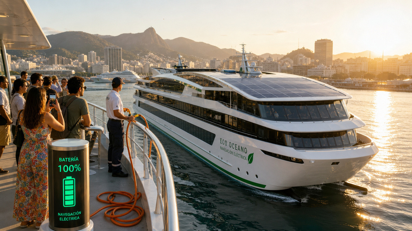 Pessoas observam barco elétrico ECO Oceano com bateria a 100% no porto ao pôr do sol, Rio de Janeiro.