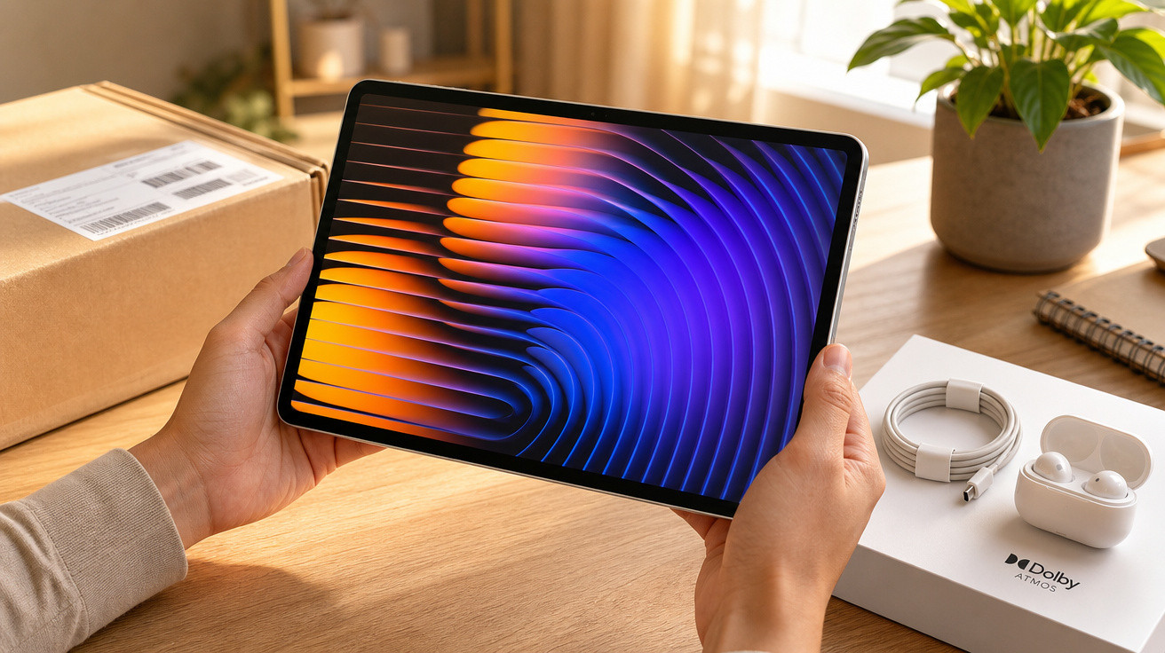 Mãos seguram um tablet com ecrã colorido sobre mesa com embalagem e acessórios eletrónicos próximos.