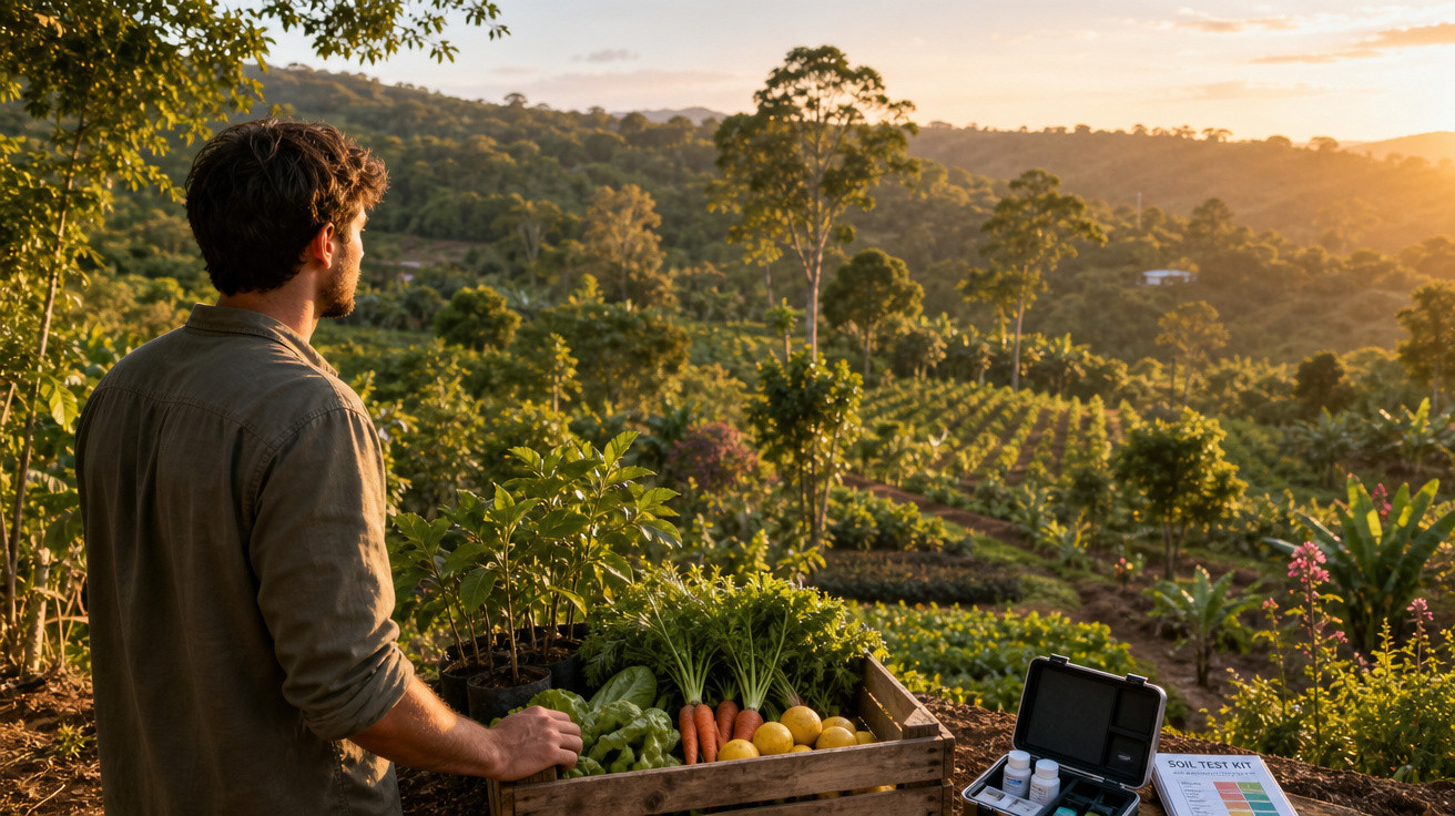 Homem observa pomar ao pôr do sol com caixa de legumes frescos e kit de análise de solo.