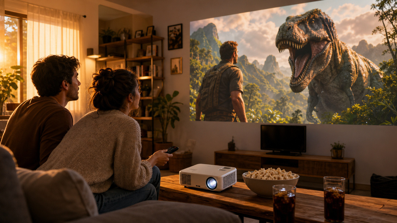 Casal sentado no sofá a ver filme de dinossauro projetado na parede de uma sala acolhedora.