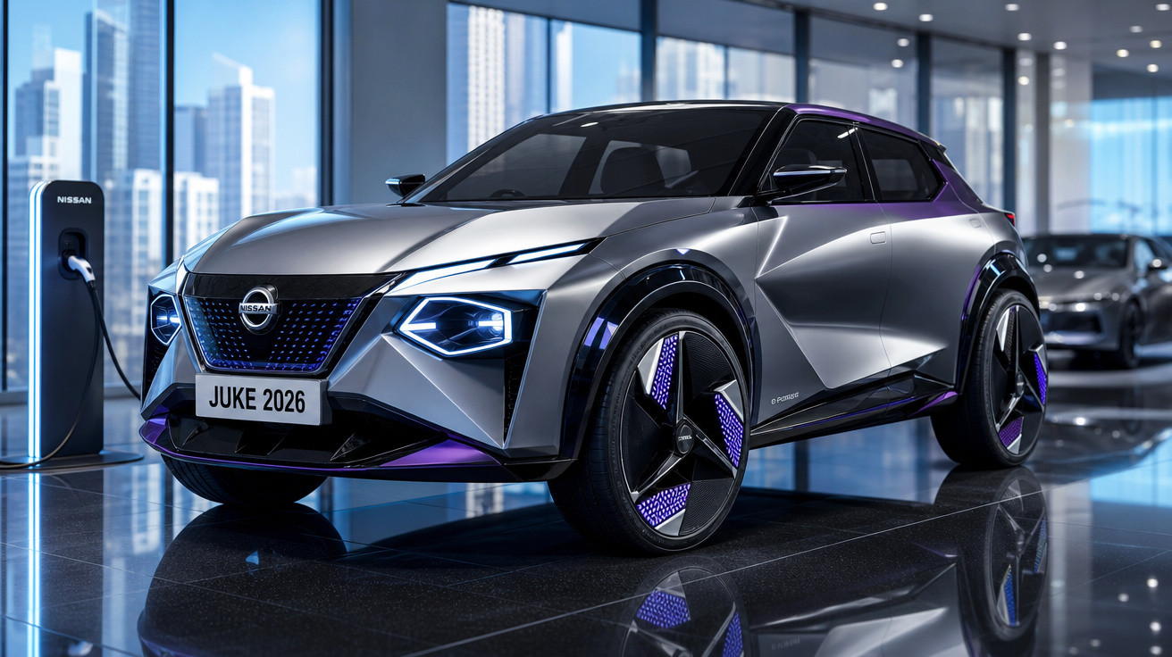 Carro elétrico futurista Nissan Juke 2026 prateado em carregamento numa sala com janelas amplas.
