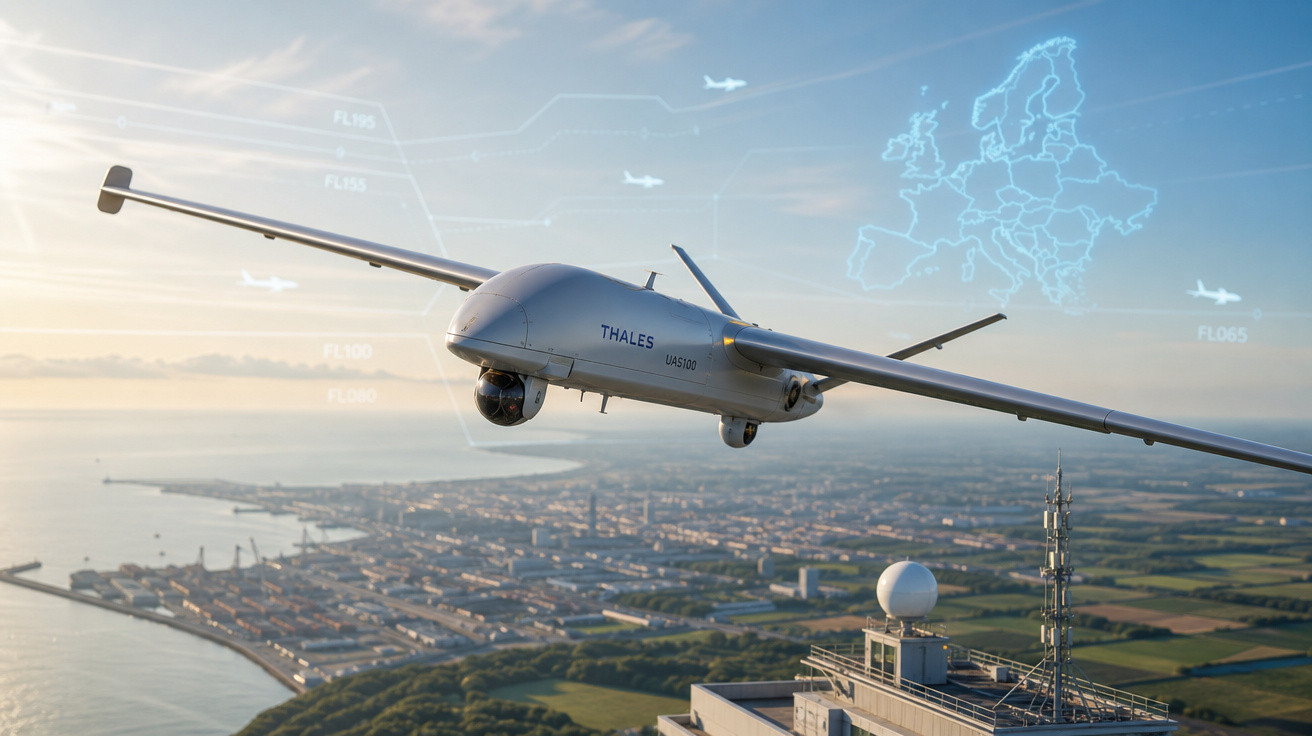 Drone militar da Thales em voo com vista aérea de cidade costeira e gráfico digital da Europa no céu.