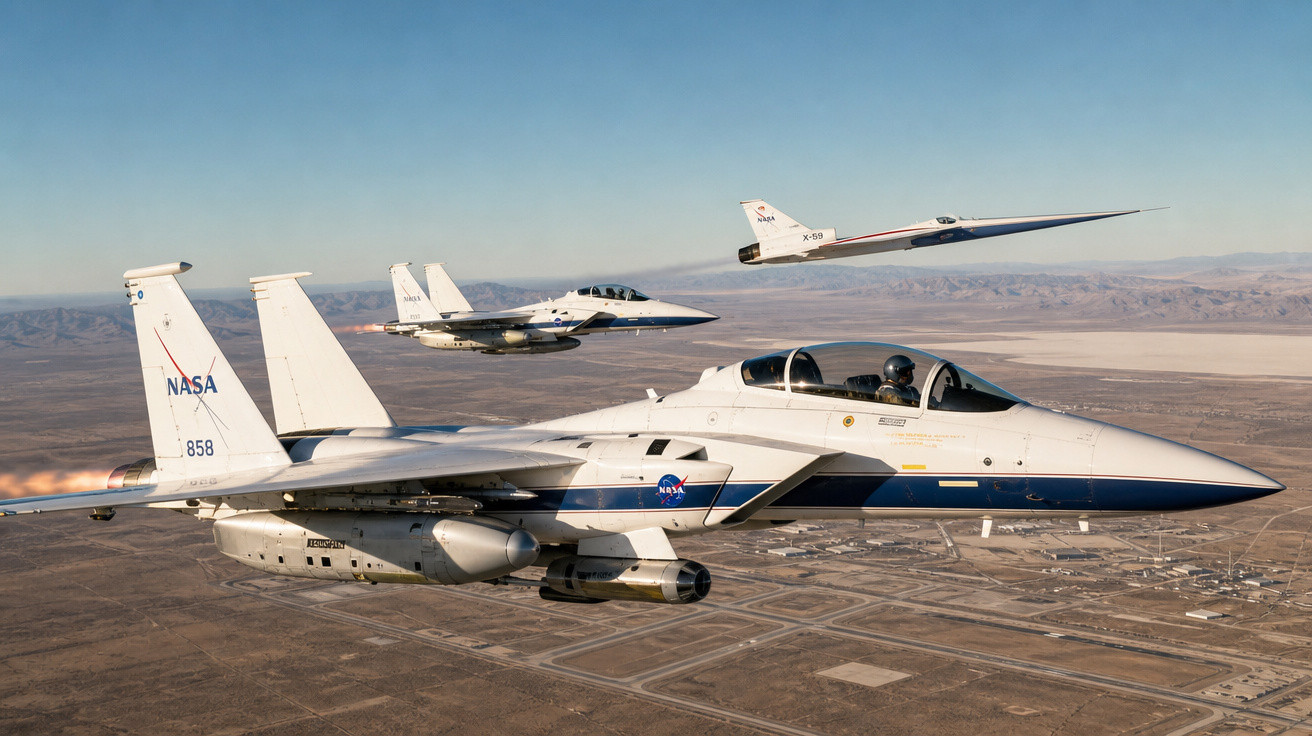 Formação de aviões da NASA voando sobre área desértica com montanhas ao fundo.