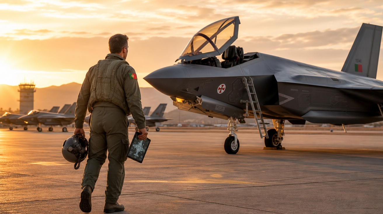 Piloto militar português a caminhar em direção a um caça estacionado ao pôr do sol numa base aérea.