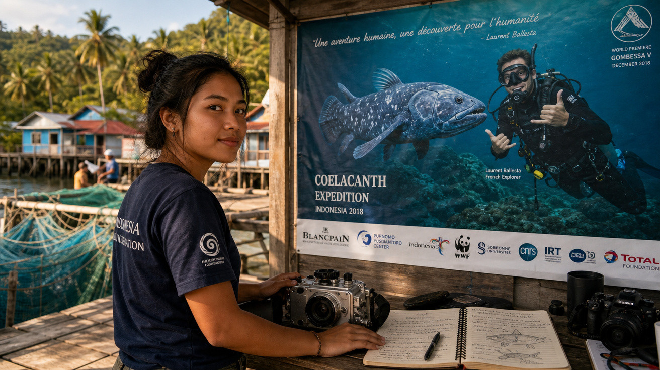 Mulher jovem junto a equipamento de mergulho e cartaz da expedição Coelacanth na Indonésia 2018.