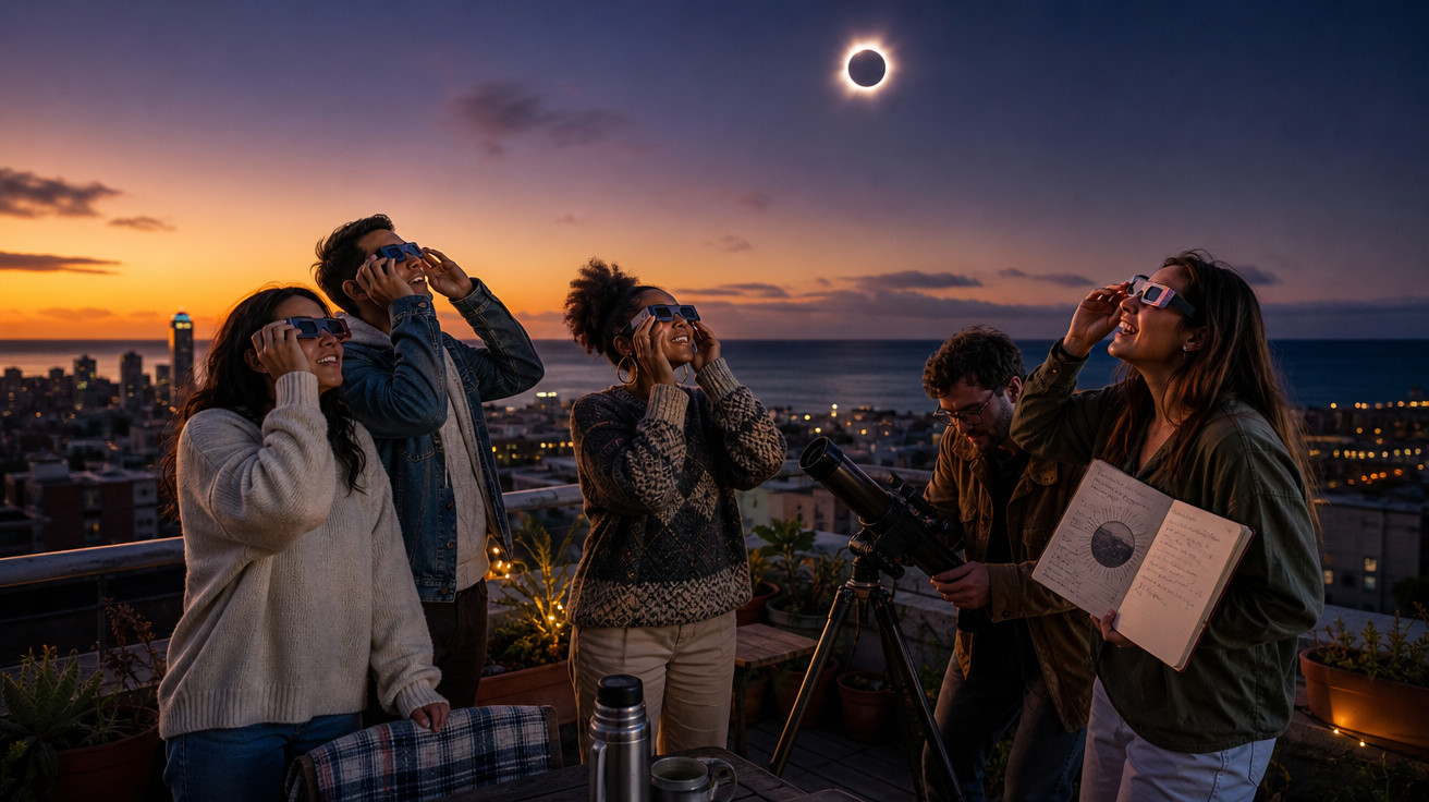 Grupo de cinco pessoas a observar eclipse solar com óculos especiais num terraço ao pôr do sol.