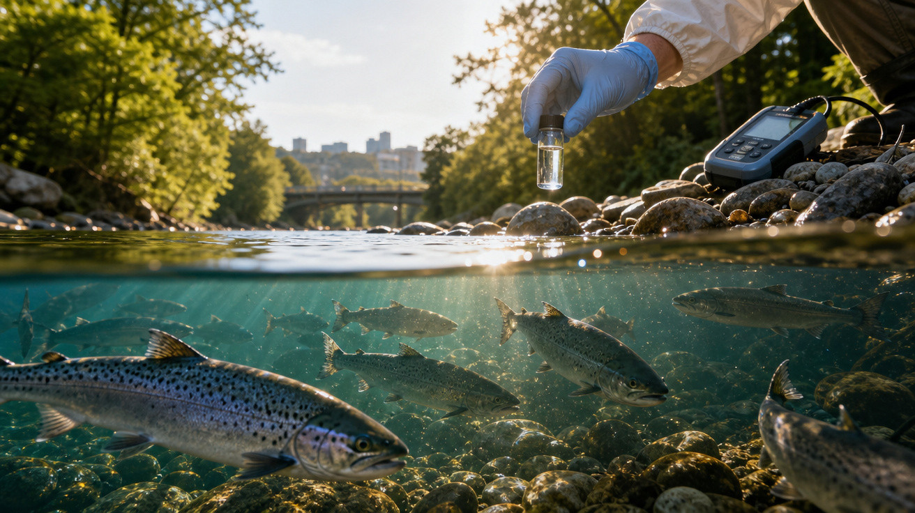 Mão com luva azul recolhe amostra de água num rio, com peixes e pedras no fundo e cidade ao longe.