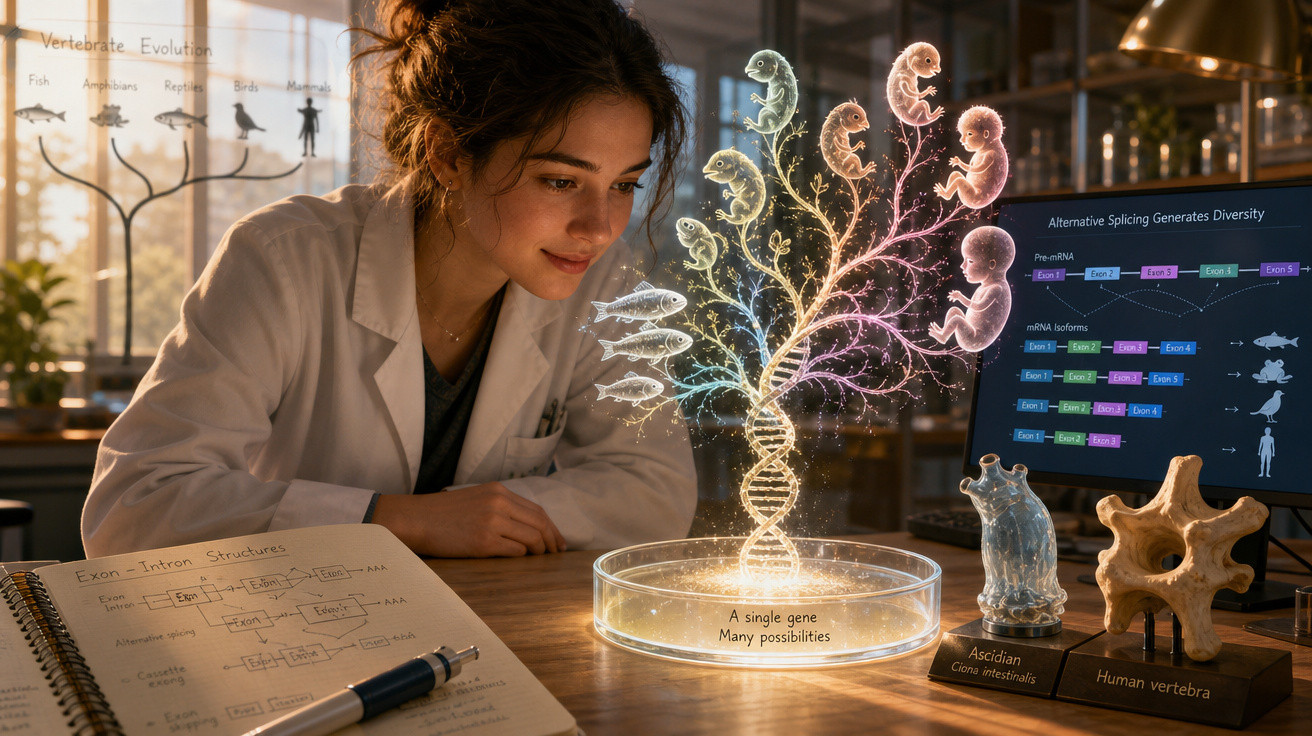 Mulher em laboratório observa holograma de ADN mostrando evolução vertebrados e diversidade genética.