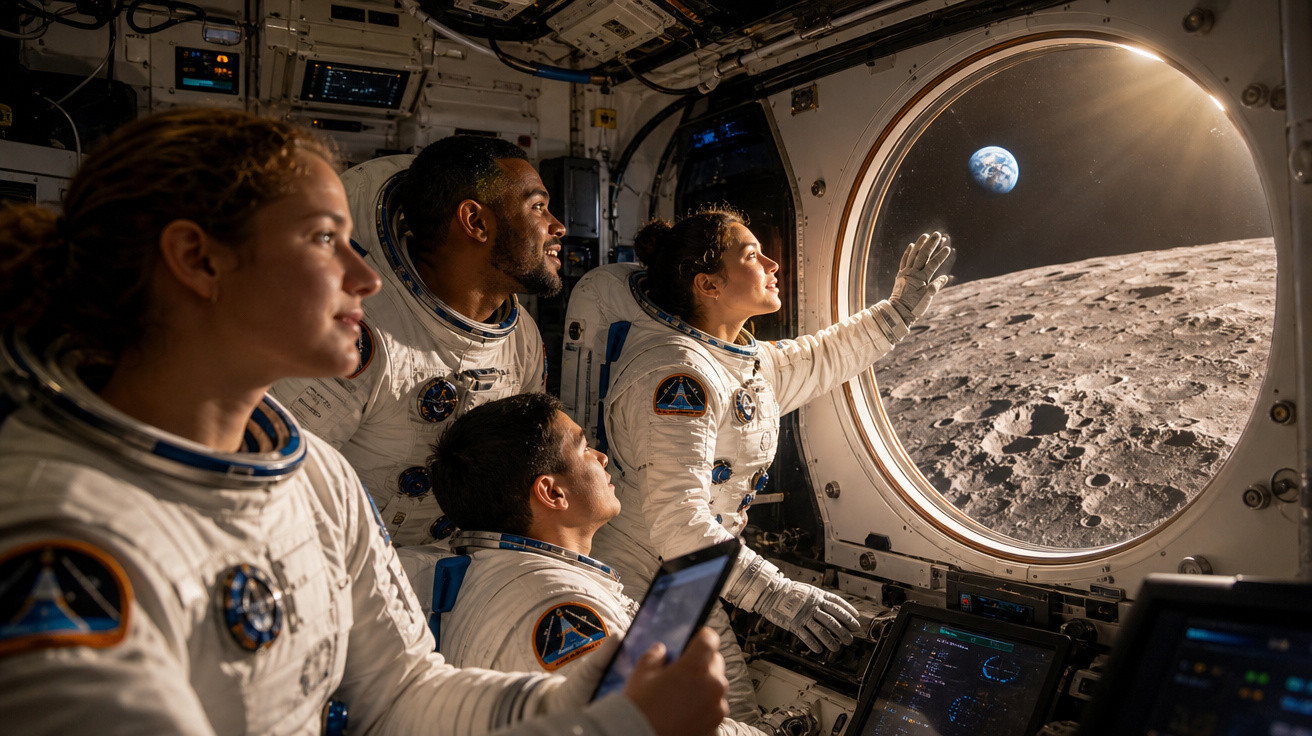 Quatro astronautas dentro de uma estação espacial observam a superfície lunar e a Terra através de uma janela circular.
