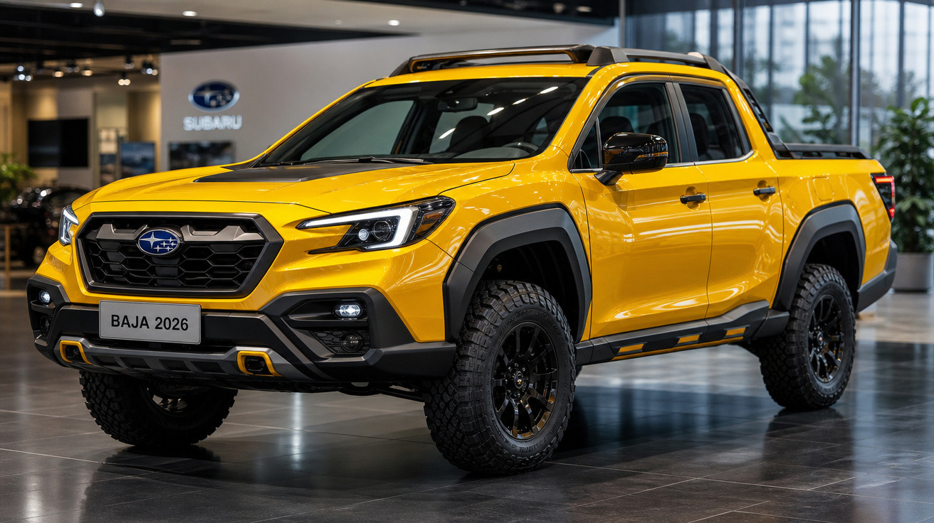 Picape Subaru Baja 2026 amarela estacionada em showroom moderno com grandes janelas.