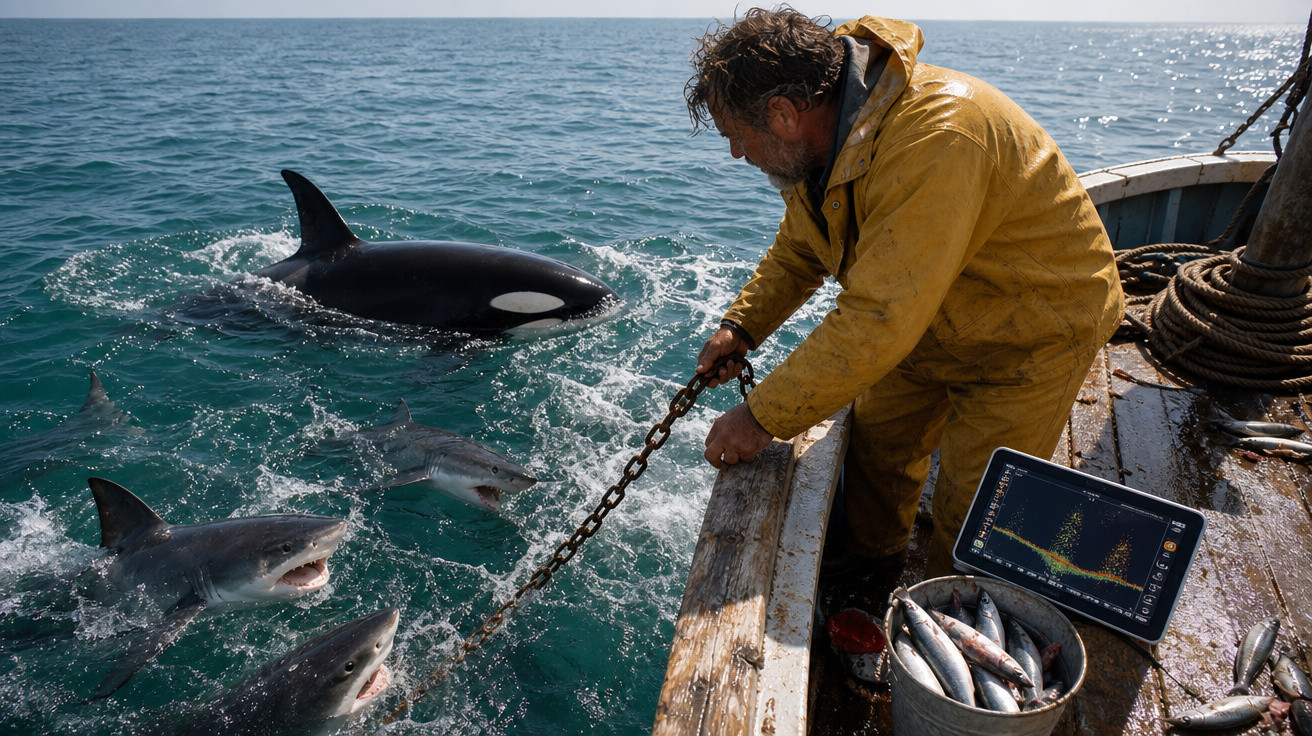 Homem de impermeável amarelo observa orca e tubarões junto ao barco no mar com peixe e equipamento de pesca.