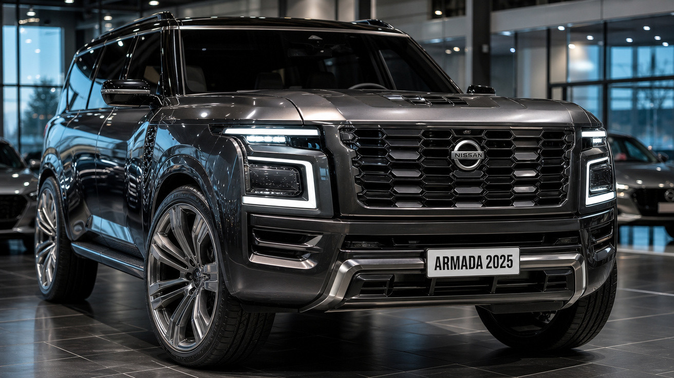 SUV Nissan Armada 2025 cinza metálico em exposição, vista frontal destacando faróis e grelha.