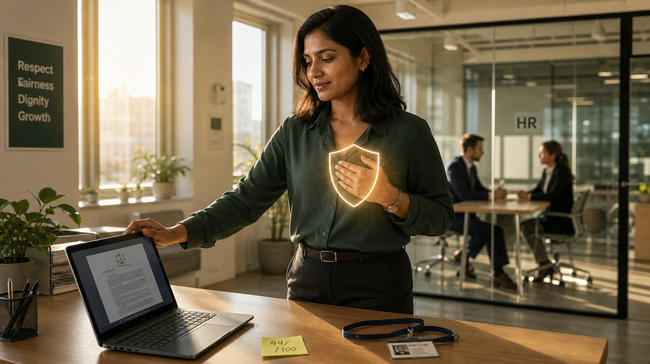 Mulher em escritório protegido por escudo digital, com computador aberto, e duas pessoas em reunião ao fundo.