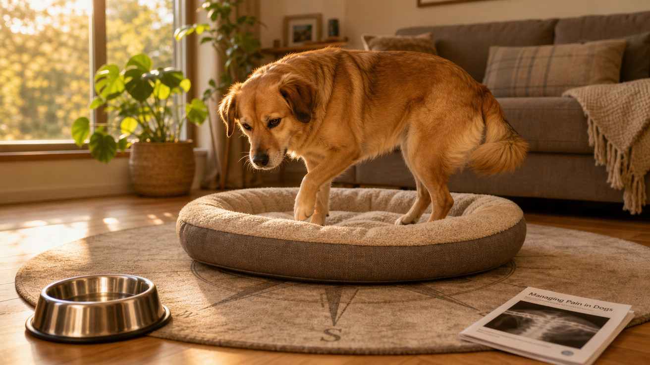 Cão castanho em cama redonda dentro de sala com luz natural, prato de comida e livro no chão.