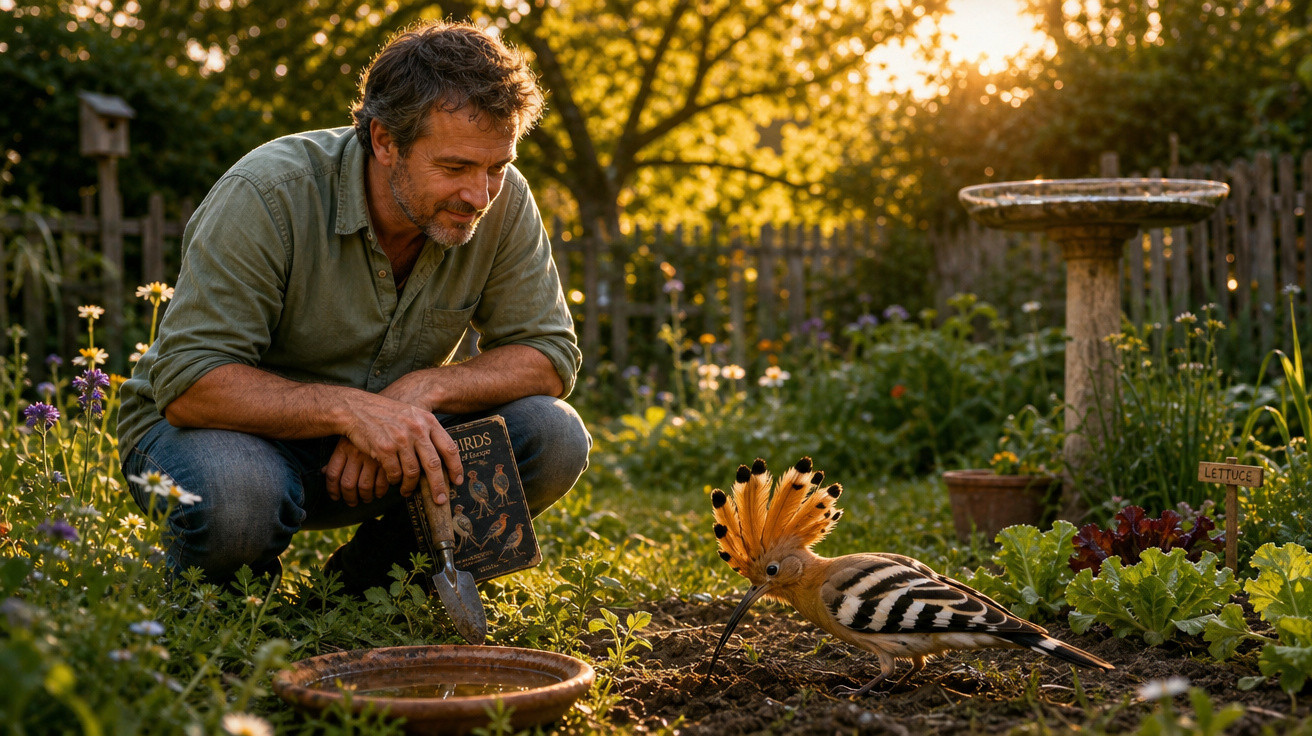 Homem observa pássaro colorido no seu jardim ao pôr do sol, segurando pá e livro sobre aves.