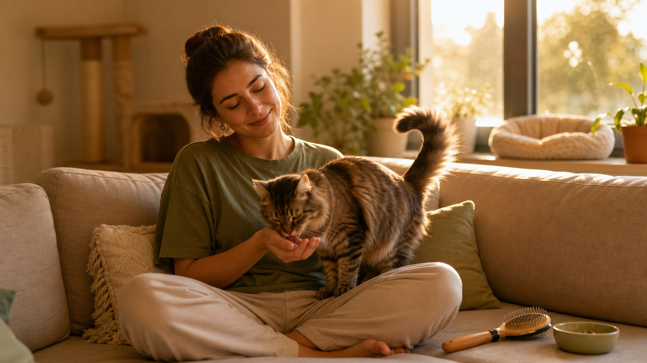 Mulher sentada no sofá a alimentar e acariciar um gato com luz natural ao fundo.