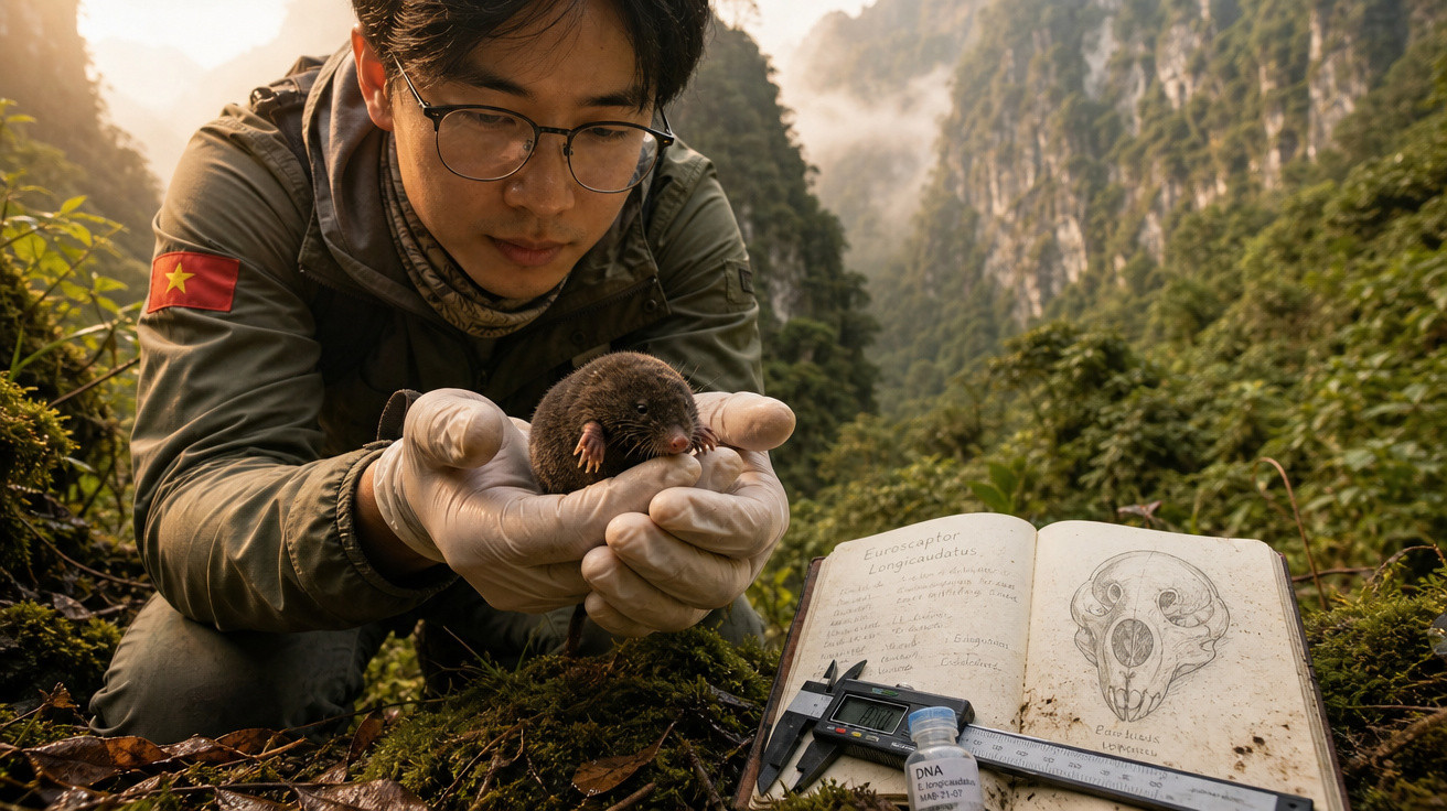 Investigador em floresta segura um pequeno animal enquanto observa um caderno de anotações e instrumentos científicos.