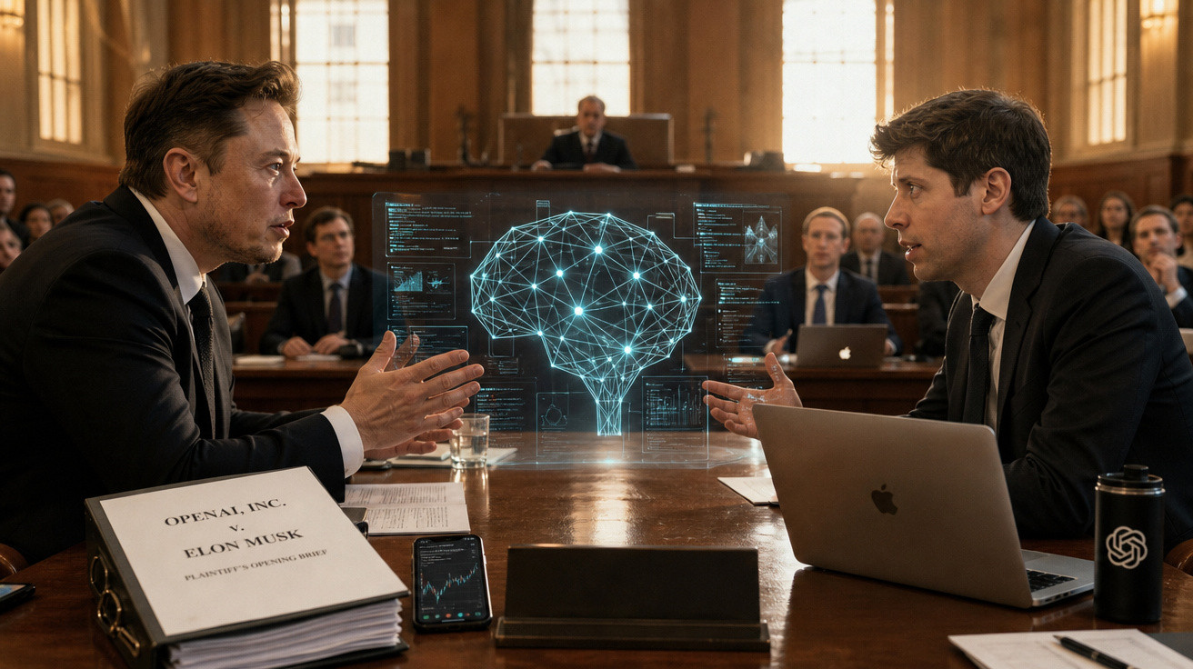 Duas pessoas em traje formal discutem num tribunal com uma representação digital de um cérebro entre eles.