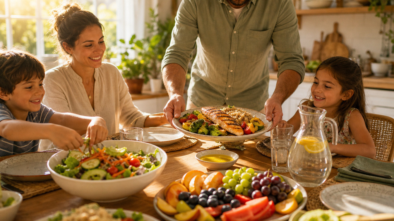 Família feliz à mesa com salada, prato de peixe grelhado e fruta fresca num ambiente acolhedor e luminoso.