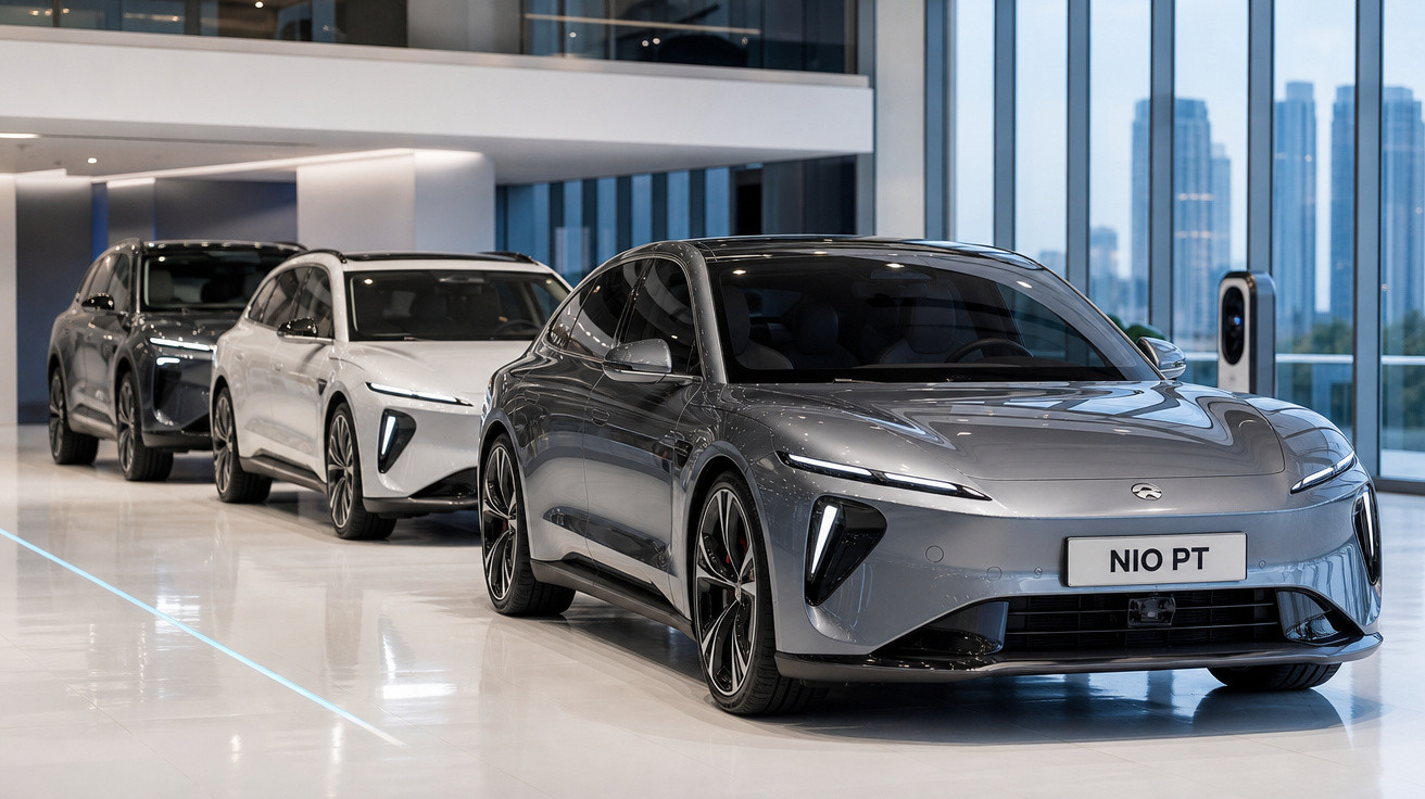 Três carros elétricos NIO alinhados num showroom moderno com chão brilhante e grandes janelas.
