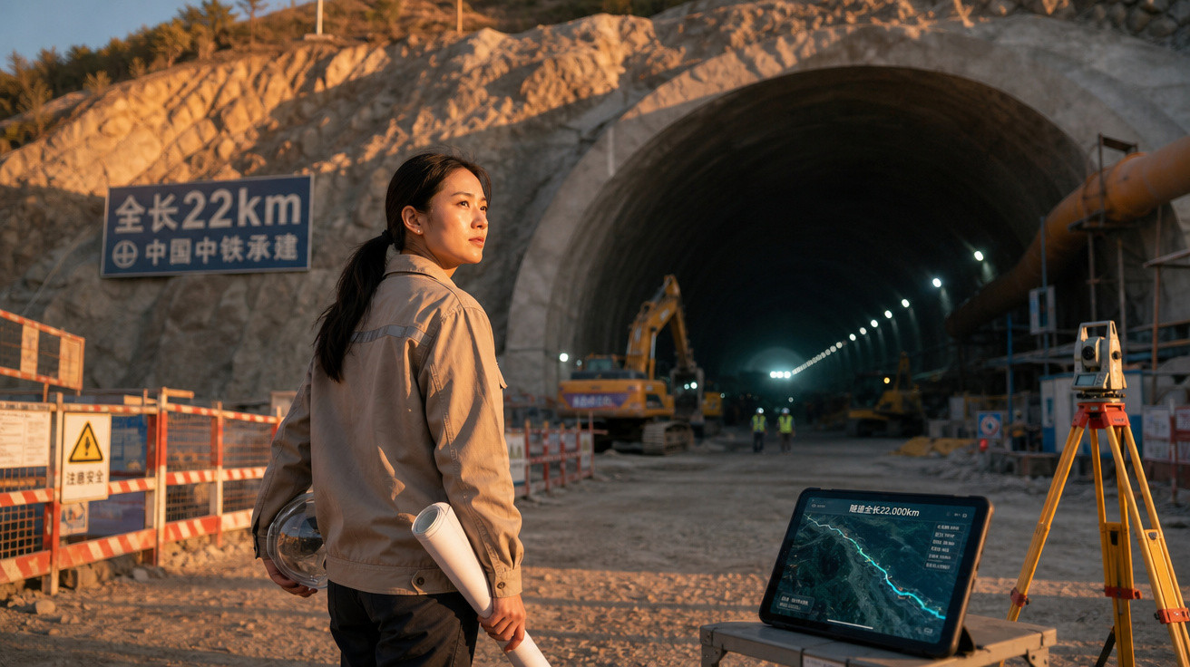 Mulher com capacete e planta observa construção de túnel rochoso com maquinaria e monitor no exterior.