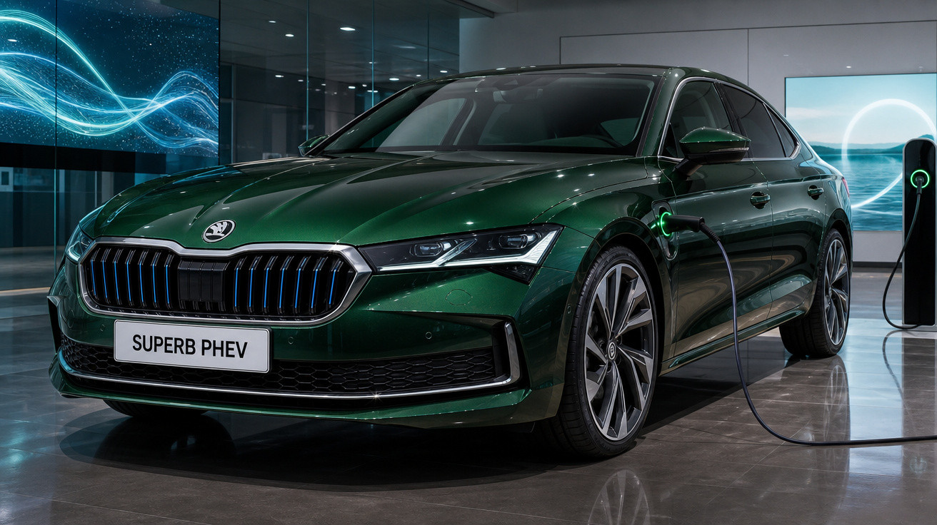 Carro elétrico verde escuro Škoda Superb PHEV está a ser carregado num posto interior moderno.
