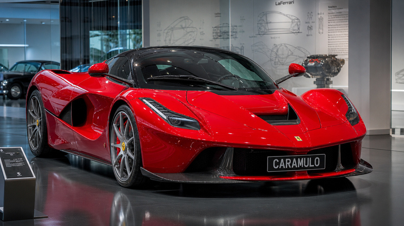 Ferrari LaFerrari vermelha exposta em museu com carro clássico ao fundo e desenhos técnicos na parede.