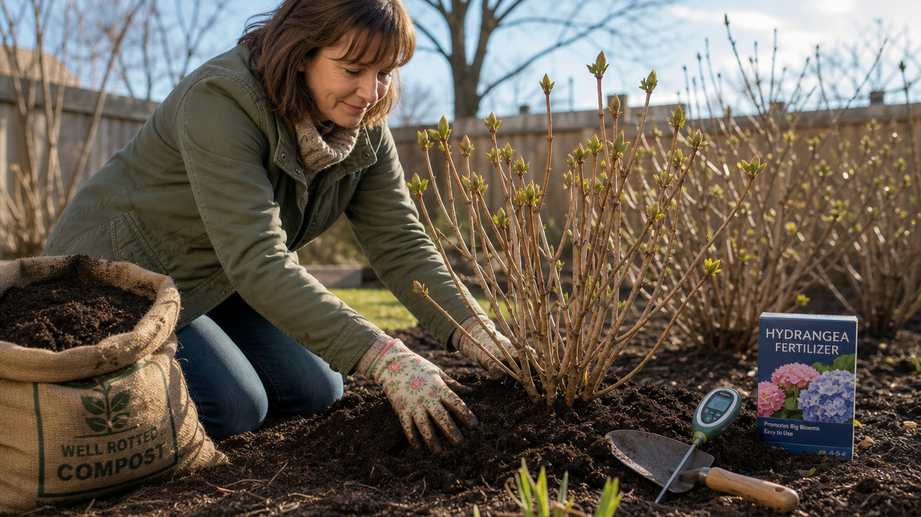 Mulher a plantar uma planta no jardim com luvas, sacos de composto e fertilizante à sua volta.