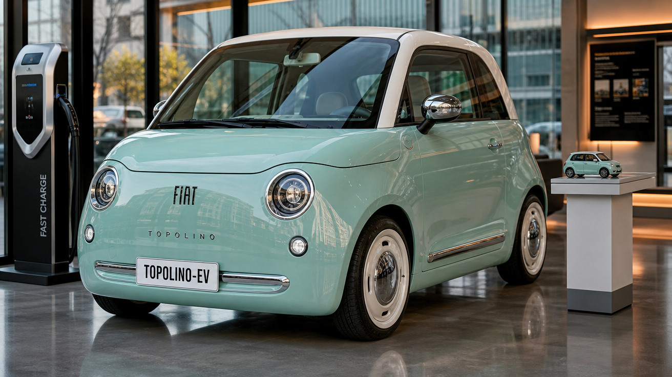 Fiat Topolino EV verde claro exposto em showroom com estação de carregamento rápido ao lado.