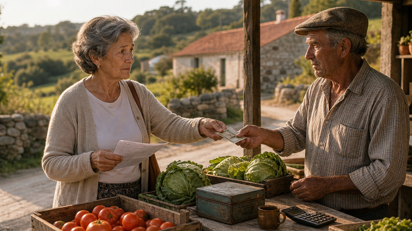 Mulher idosa a pagar a um vendedor numa feira rural com legumes frescos ao redor, ao entardecer.