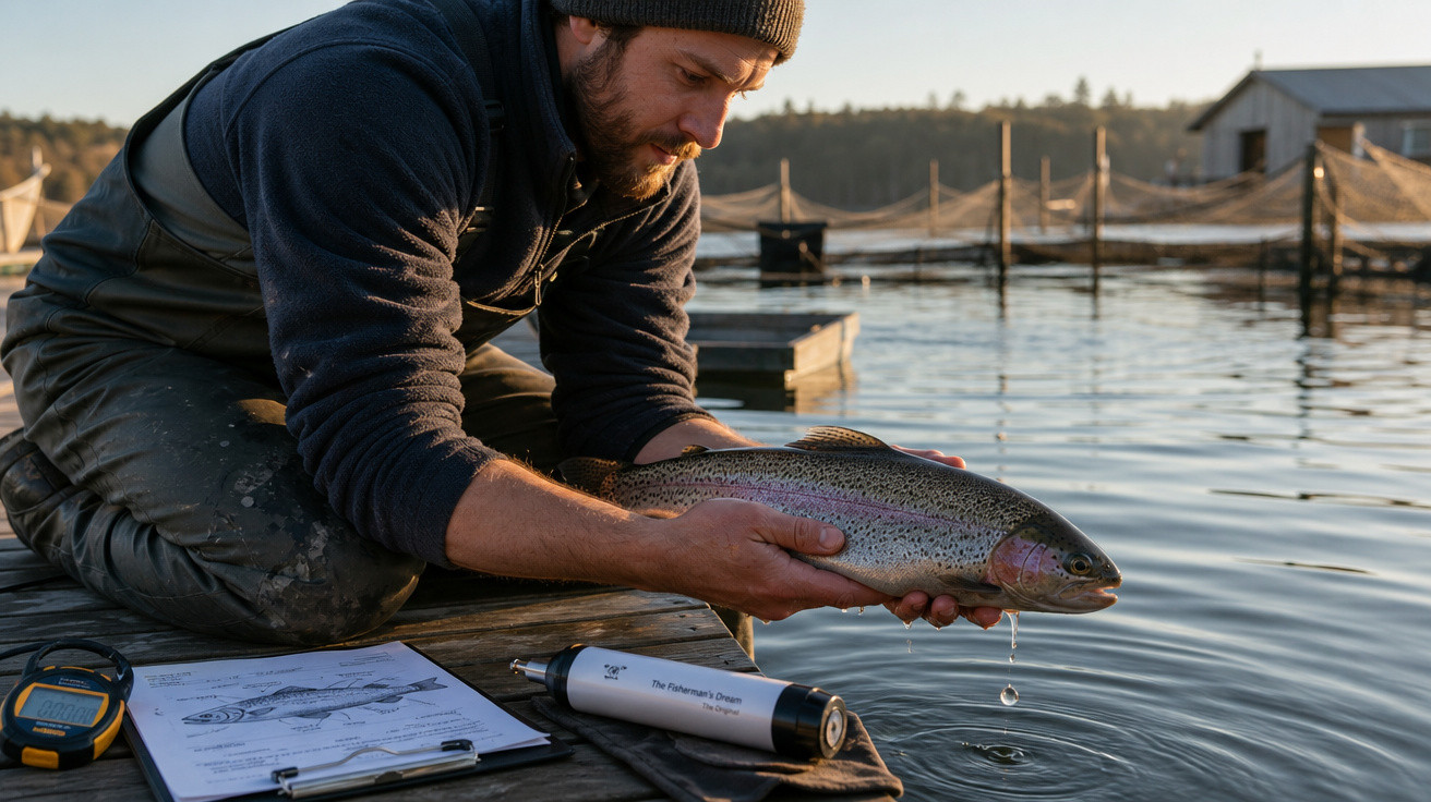 Homem com roupa de pesca segura uma truta junto a um lago com cercados de peixes ao fundo.