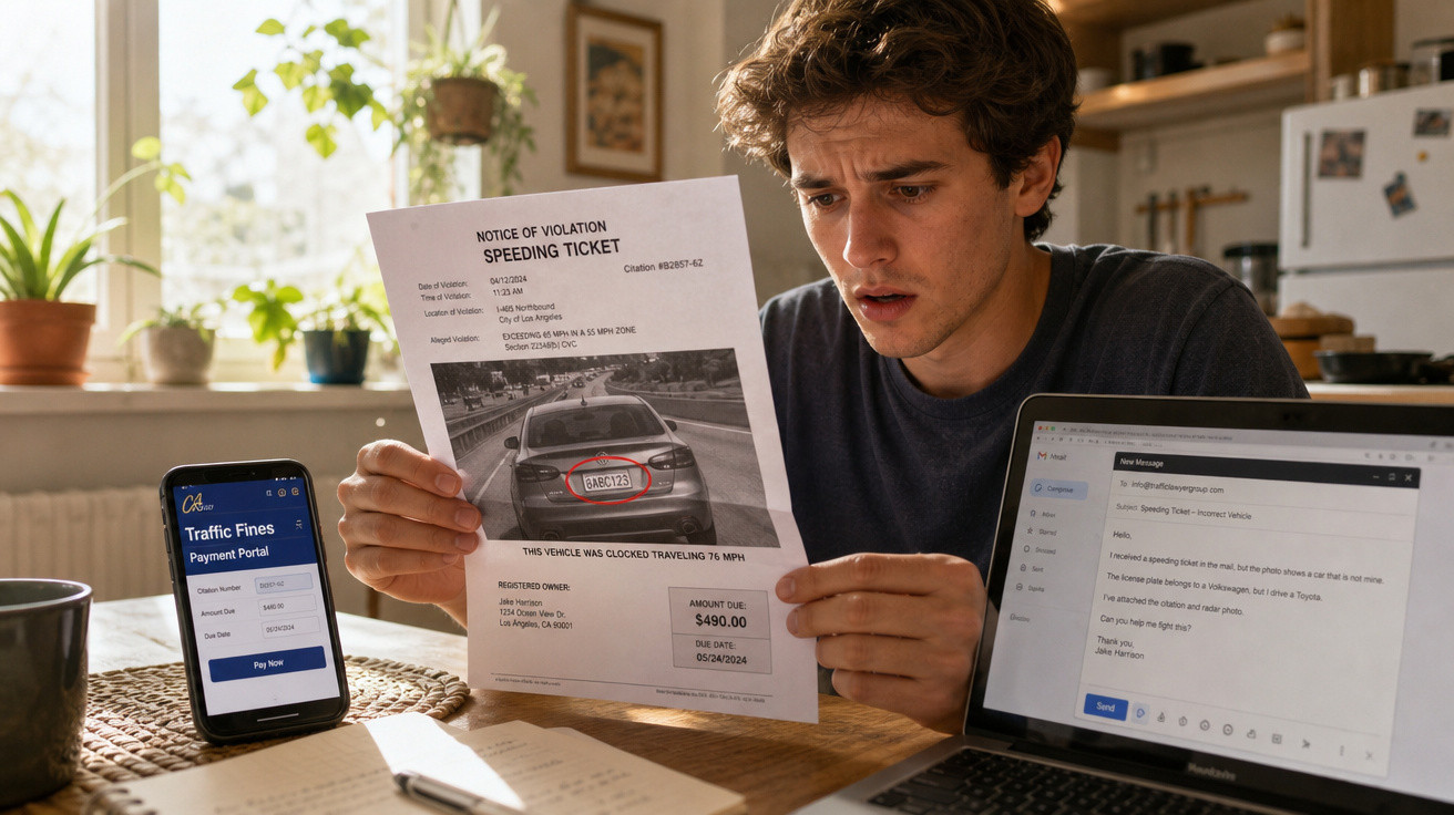 Homem preocupado verifica multa de excesso de velocidade enquanto consulta email e portal de pagamento no telemóvel.