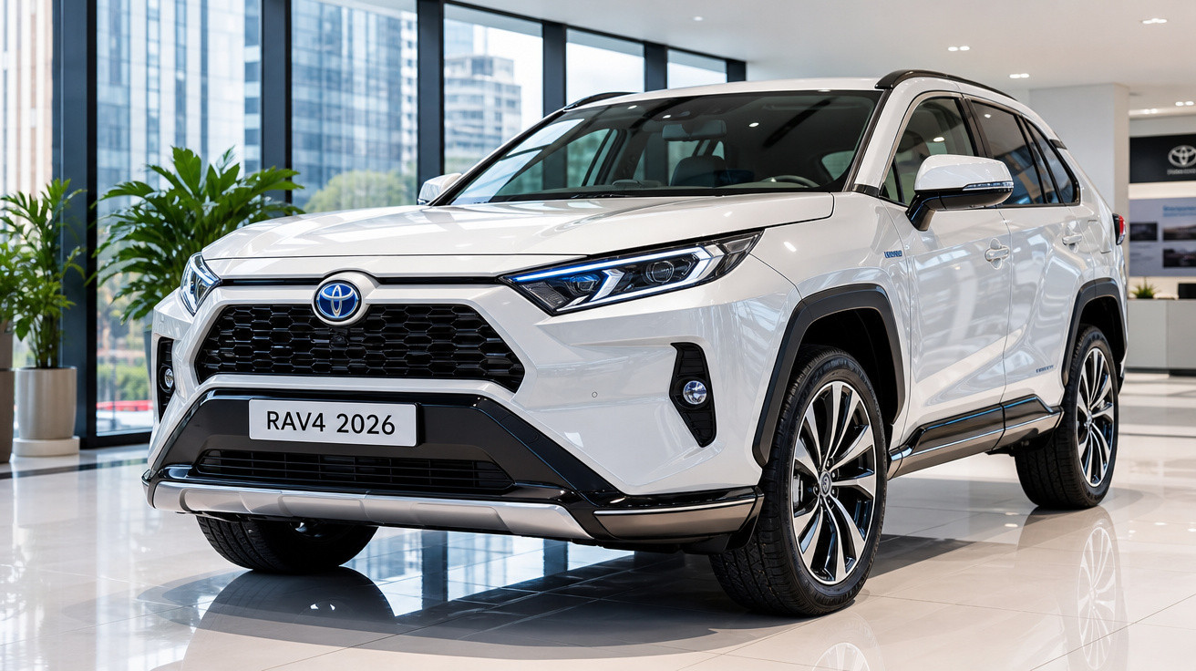 Toyota RAV4 2026 branco estacionado em showroom moderno com janelas grandes e plantas verdes.