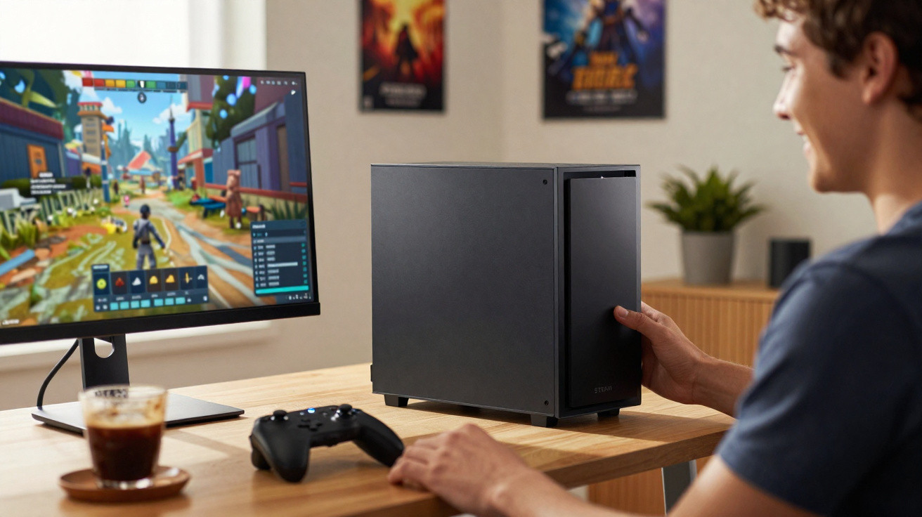 Jovem sentado a usar computador para jogar videojogo com comando e bebida numa mesa de madeira.