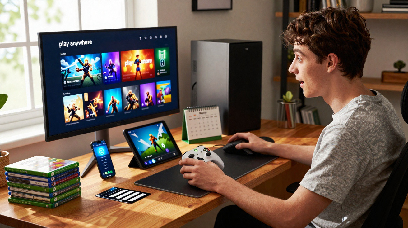 Jovem a jogar videojogo num computador com ecrã grande, tablet, telemóvel e comandos numa secretária de madeira.